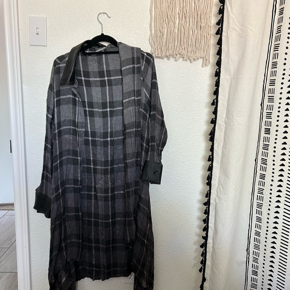 Handmade Leather Accent Longline Plaid Duster